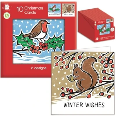 Image of Tom Smith Giftmaker Pack 10 Square Christmas Cards 2 Festive Hand Drawn Woodland Animals Designs 14cm