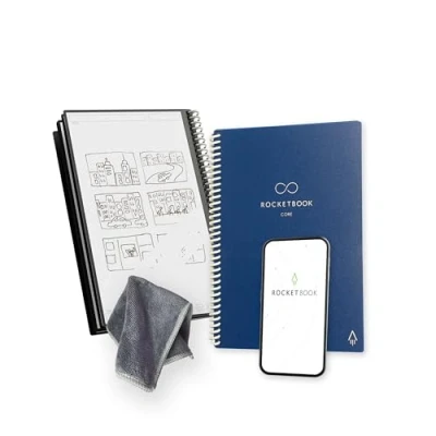 Image of Rocketbook Core Reusable Spiral Notebook, Executive Size 15 cm x 22.4 cm, Navy Blue Dotted Pages, App Connected, Erasable, Durable Cover, Ideal for School, Work, and Creative Projects