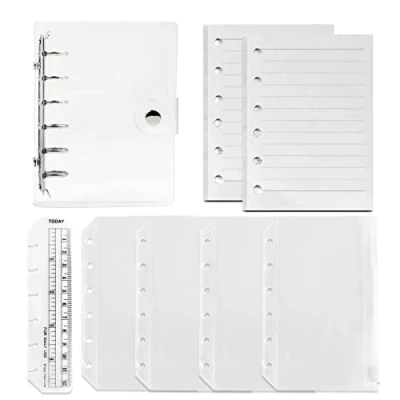 Image of DY.2ten Refillable A7 Notebook Set with Cover 6 Hole Loose Leaf PVC Binder + 90 Sheets (180 Pages) of Lined Paper 4pcs Zipper Pockets Ruler,for Ring Journal