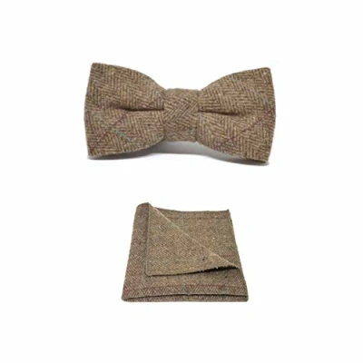 Image of King &amp; Priory Luxury Herringbone Brown Tweed Bow Tie Pocket Square Set