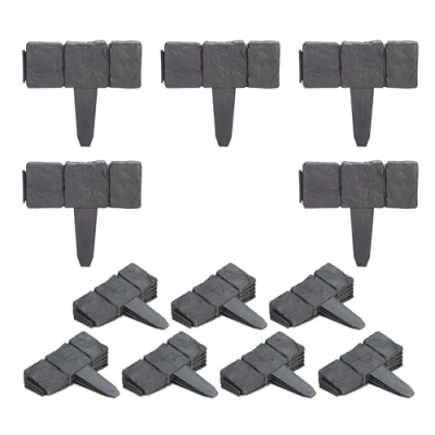 Image of Relaxdays Garden Edging, 40x Set, Flowerbed Lawn Border, Stone Effect, HxW: 10 x 25 cm, Plastic, Push In, Dark Grey
