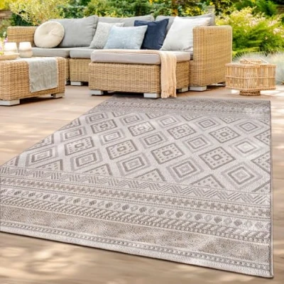 Image of TT Home Large Outdoor Rug Patio Carpet Kitchen For Garden Modern Rhombus Bohemian Square, colour:Beige 2, Size:200x280 cm
