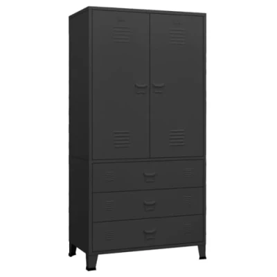 Image of vidaXL Black Metal Industrial Wardrobe Spacious Storage for Bedroom with 2 Shelves, 3 Drawers &amp; 1 Cloth Hanger