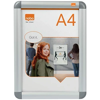 Image of Nobo A4 Poster Frame Sign Holder With Snap Frame, Wall Mounted, Aluminium Trim, Anti Glare Protective Cover, Premium Plus, Silver, 1902214