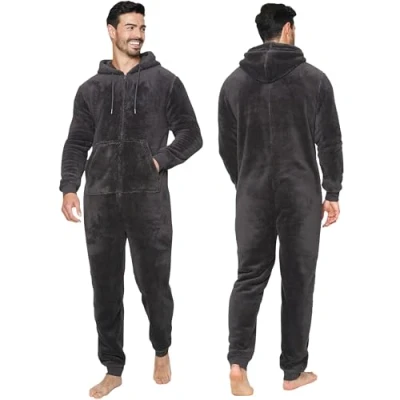 Image of NOROZE Mens Plain Snuggle Hooded Onesie Adult Warm Fleece All in One Zip Jumpsuit Pyjamas Nightwear Loungewear Onesies (XL, Charcoal)