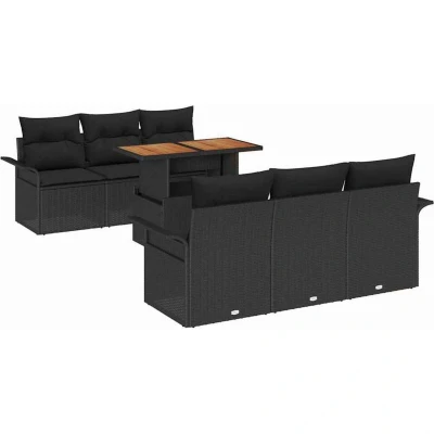 Image of vidaXL 7 Piece Garden Sofa Set with Cushions Black Poly Rattan