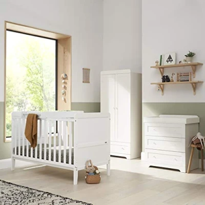 Image of Tutti Bambini Rio 3 Piece Nursery Furniture Set 2 in 1 Baby Cot Bed, Changing Table with Drawers + Wardrobe for Storage, Nursery, Storage (White)