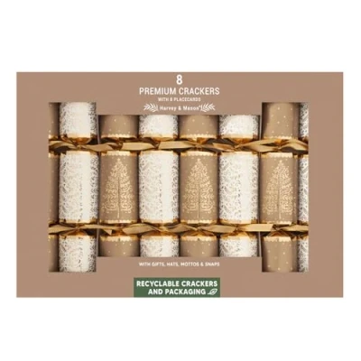 Image of Harvey &amp; Mason 8 Premium Gold Tree Christmas Crackers With Place Cards Festive Table Decoration Brown White
