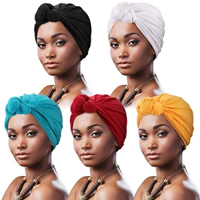 Image of DRESHOW 5 Pack Women Turban African Pattern Knot Headwrap Beanie Pre Tied Bonnet Chemo Cap Hair Loss Hat