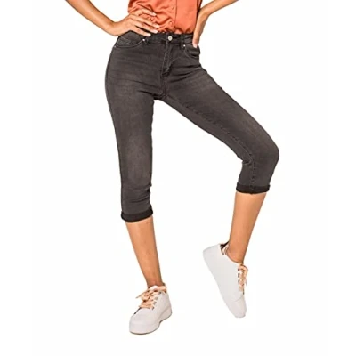 Image of Nina Carter P132 Women&#039;s Capri Skinny Fit Jeans High Waist Used Look Wash Effect, Dark Grey (P132 3), XL