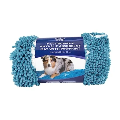 Image of Show Tech Multipurpose Anti Slip Absorbent Mat for Dogs Non Soft Dog Floors, Crates, and Cars Absorb Dirt, Mud, Urine Water Like a Sponge Pawprint Design Turquoise 90 x 60 cm