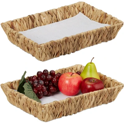 Image of Relaxdays Fruit Bowl, Set of 2, Made Water Hyacinth, Woven Design, Boho style Basket, HxWxD: 7 x 34 24 cm, Natural, Cotton