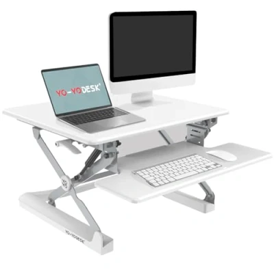 Image of Yo Desk Standing Converter Transform Any Into a Sit Stand Workstation Height Adjustable Riser for Single or Dual Monitor Ergonomic Tabletop with Keyboard Tray, 68cm Wide (White)