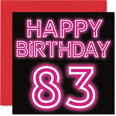 Image of Fun 83rd Birthday Cards for Men Woman Neon Glow Happy Card Dad Mum Great Grandad Grandpa Nanny Grandma Gran Uncle Auntie, 145mm x Greeting Cards,