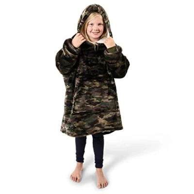 Image of Expert Workwear Premium Kids Childrens Oversized Hooded Blanket Super Soft Fleece Sherpa Boys Girls Hoodie Gift Green Camo