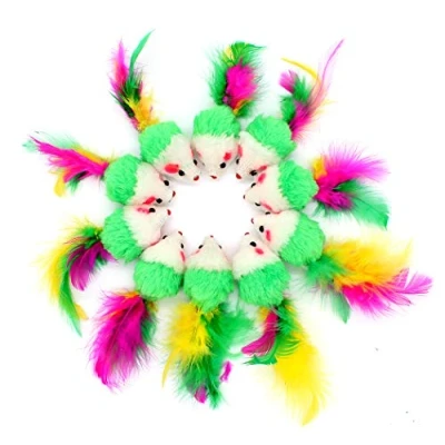 Image of Ranvi 10 PCS 3 Inch Furry Pet Toys Mice Cat Toy Mouse Catcher with Feather Tails(Random Color)