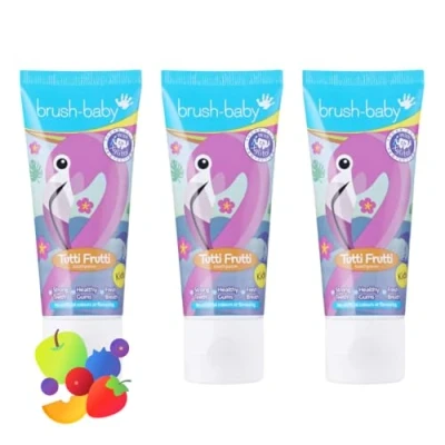 Image of Brush Baby Tutti Frutti Toothpaste for Kids Stage 3 3+ Years Delicious Fruity Flavour, with Xylitol &amp; Fluoride Strong Teeth, Healthy Gums Fresh Breath Pack of x 50ml Tubes