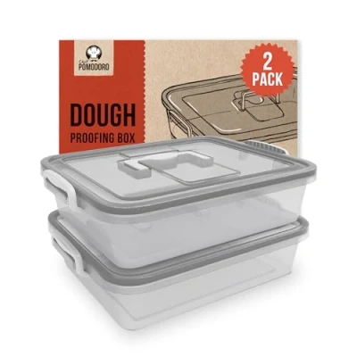 Image of Chef Pomodoro Large Pizza Dough Proofing Box Kit 2 Pack, 44 x 34 cm, Container, Fits 6 8 Balls, Trays and Covers, Household Tray With Convenient Carry Handle (Grey)