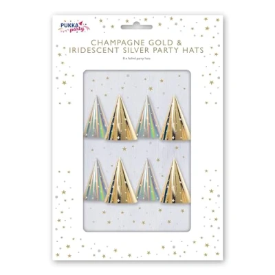 Image of PUKKA Party Foil Hats for Birthdays, Christmas, New Years, and Special Occasions Pack of 8 Reusable in Silver &amp; Champagne Gold with Adjustable Elastic, Made from Strong Card 10.5 x 15cm