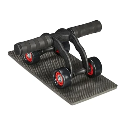 Image of Relaxdays Ab Roller with 4 Wheels, Abdominal Trainer for Home, Women &amp; Men, Core Exercise, Knee Mat, Black/Red, Steel, 11.5 x 29.5 21.5 cm