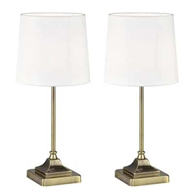 Image of firstchoicelighting Set of 2 Antique Brass Table Lamps or Bedside Lights, Classic Design,Off White Fabric Shade, 47cm Height, LED Compatible