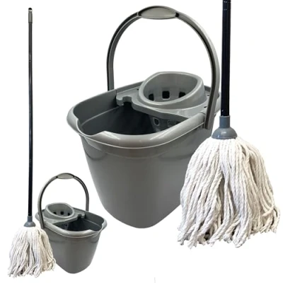Image of Heavy Duty Floor Mop and Bucket Set with Built in Wringer Holder, Pure Cotton for Efficient Cleaning, Durable Mops Sturdy Handle All Types