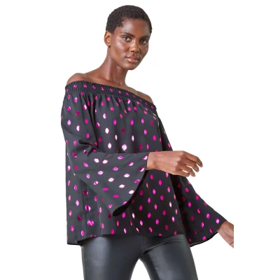 Image of Roman Originals Bardot Top Off Shoulder Blouse for Women UK Ladies Floral Print Shirt Palm Leaf Tropical Ditsy Cold Jersey Frill Cuff Summer Spring Holiday Black Pink Size 12