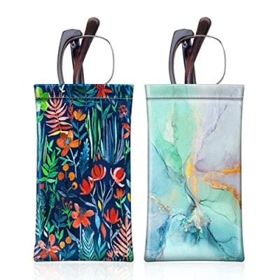 Image of [2 Pack] Fintie Eyeglasses Pouch with Cleaning Cloth, Portable Squeeze Top Leather Glasses Case Sunglasses Bag, Z Jungle Night + Emerald Marble, Medium