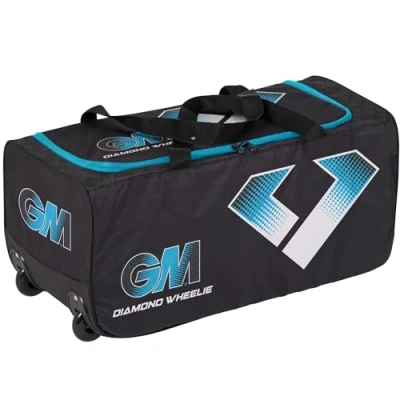 Image of Gunn &amp; Moore GM Cricket Bag Holdall Diamond Wheelie BS55 Range Endorsed by Ben Stokes Easy Access Double Zip Volume 67 litres Tough 600 Denier Polyester Black Blue