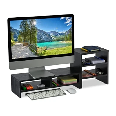 Image of Relaxdays Monitor Stand with Shelf, 2 Parts, Office Organiser, Desk Space Saver, Desktop Elevator, Black, 100% fibreboard, 28 x 75.5 20 cm