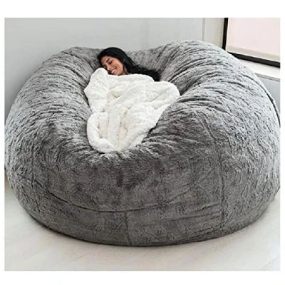 Image of REOTEL Soft Giant Bean Bag Chair Cover Breathable And Comfortable for Adult Living Room Light Big Round Fluffy Faux Fur BeanBag Lazy Sofa (No Filler),Light Gray,7FT