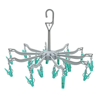 Image of JVL 10 Arm Folding Sock Dryer Complete with 20 Piece Pegs, Aqua, Grey, White, One Size, 19 294