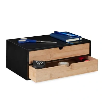 Image of Relaxdays Desk Organiser, 2 Drawers, Bamboo &amp; MDF, HxWxD: 14 x 33 21 cm, Office Stationary Box, Storage, Natural/Black