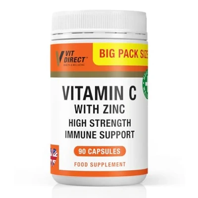 Image of VIT Direct Vitamin C with Zinc High Strength 90 Vegan Capsules Supports Muscle Growth Reduces Tiredness &amp; Fatigue Daily Supplements Long Term Support