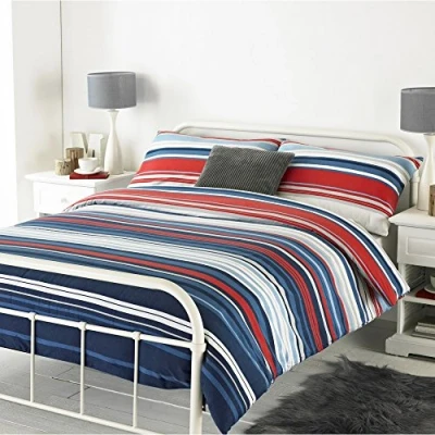 Image of Lymington King Bed Duvet Set Blue, Red and White Striped Design 2 x Housewife Pillowcase Included 100% Brushed Cotton Machine Washable 230 220cm (91&quot; 87&quot; inches) Riva Paoletti