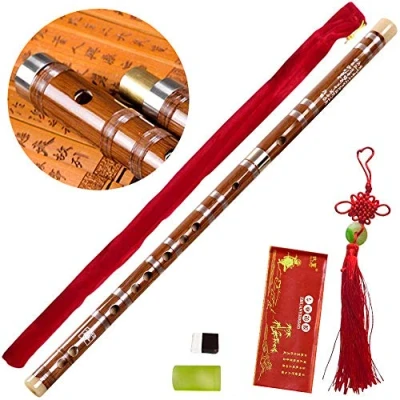 Image of Tyuodna Pluggable F Key Bitter Bamboo Flute Dizi, Chinese Traditional Handmade Musical Woodwind Instrument of F, with Free Membrane &amp; Glue Protector Set (Brown)