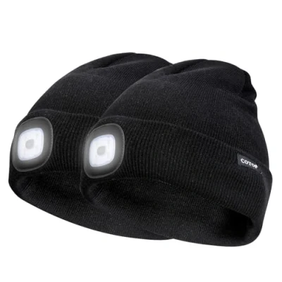 Image of COTOP Unisex LED Headlamp Beanie Cap Men&#039;s Women Gift Winter Warm Hat Hands Free Lighted for Dog Walking Night, Running, Camping,Hiking 2 Pack