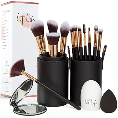 Image of Lit Life Flawless 16 Piece Vegan Makeup Brush Set: 12 Professional Brushes, Organiser/Travel Case, Beauty Blender, Cleaner, Compact Mirror &amp; Gift Box