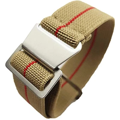 Image of Max French Marine Nationale Elastic Nylon Navy Divers Parachute Watch Straps 20mm 22mm Military Bands (22mm, Khaki/Red)
