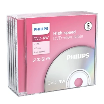 Image of Philips PHOV RW4754JC Blank DVD RW Media Box 5 Pieces, Packaging May Vary