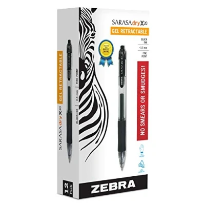 Image of Zebra Pen Sarasa Dry X20 Retractable Gel Pen, Fine Point, 0.5mm, Black Ink, 12 Pack