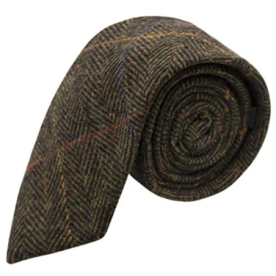 Image of King &amp; Priory Luxury Dark Olive Green Herringbone Check Tie, Tweed