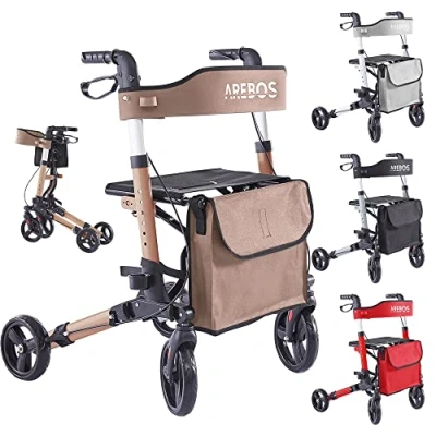 Image of Arebos Lightweight Rollator Flight and Travel Scooter Aluminium 6 Height Adjustable Comfortable Seat Stick Holder Removable Shopping Bag Foldable Ready to Use (Brown)