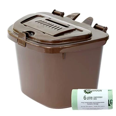 Image of Brown 5L Vented Kitchen Compost Caddy, Mounting Bracket &amp; 50x 6L Compostable Bags Composting Bin for Food Waste Recycling