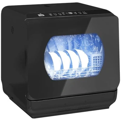 Image of HOMCOM Table Top Dishwasher, Mini Countertop Dishwasher No Plumbing with Built in 6L Water Tank, 6 Programs, Touch Control, LED Display, 4 Place Settings, Dual Supply and Fruit Wash, Black