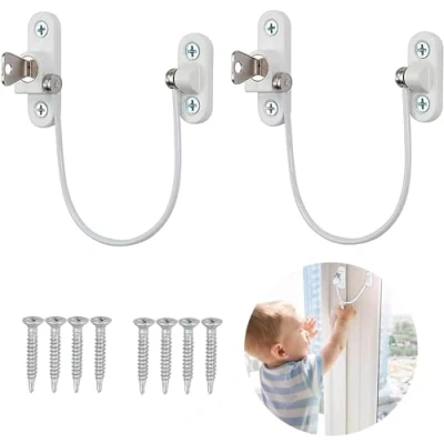 Image of Window Restrictor Locks, 2Pcs Professional UPVC Child Baby Safety Security Wire Catch with Screw Keys
