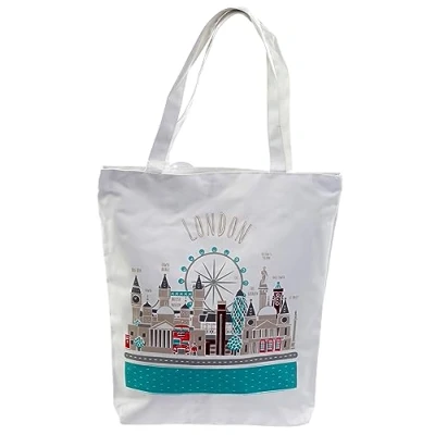 Image of Puckator London Skyline Reusable Zip Up Cotton Bag Canvas Tote Bags Eco Gifts for Women and Men Cloth Shopping Fabric Foldable Handbag
