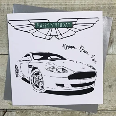 Image of WHITE COTTON CARDS BIRTHDAY CARD, SPORTS CAR DESIGN, HANDFINISHED (MT6)