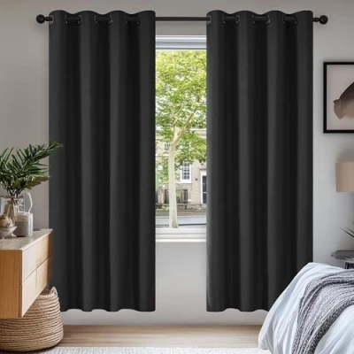 Image of Deconovo Solid Curtains Ring Top Thermal Insulated Blackout for Bedroom 140x180cm Black 2 Panels