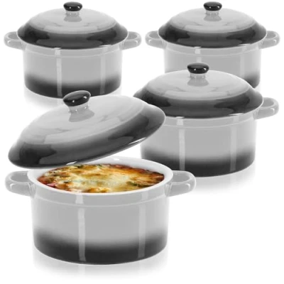Image of COM FOUR® 4X Casserole Dish with Ceramic lid Dessert Bowl for crème brûlée Mini Ragout fin and Seasoned Meat Gray, Approx. 250/175 ml per (4 Pieces Grey)